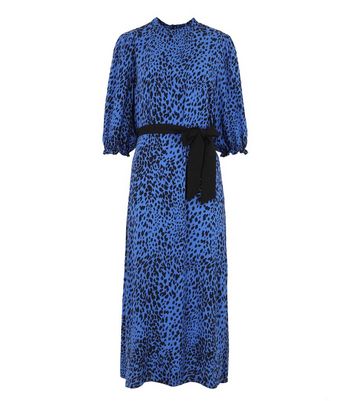 Blue Leopard Print Puff Sleeve Belted ...